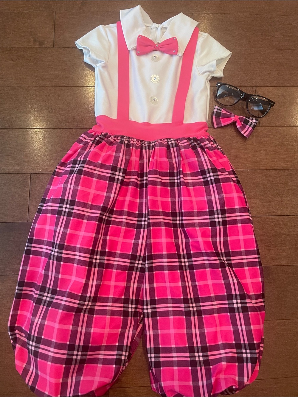 School Girls Pink Plaid Suspender Bubble Romper with Bow